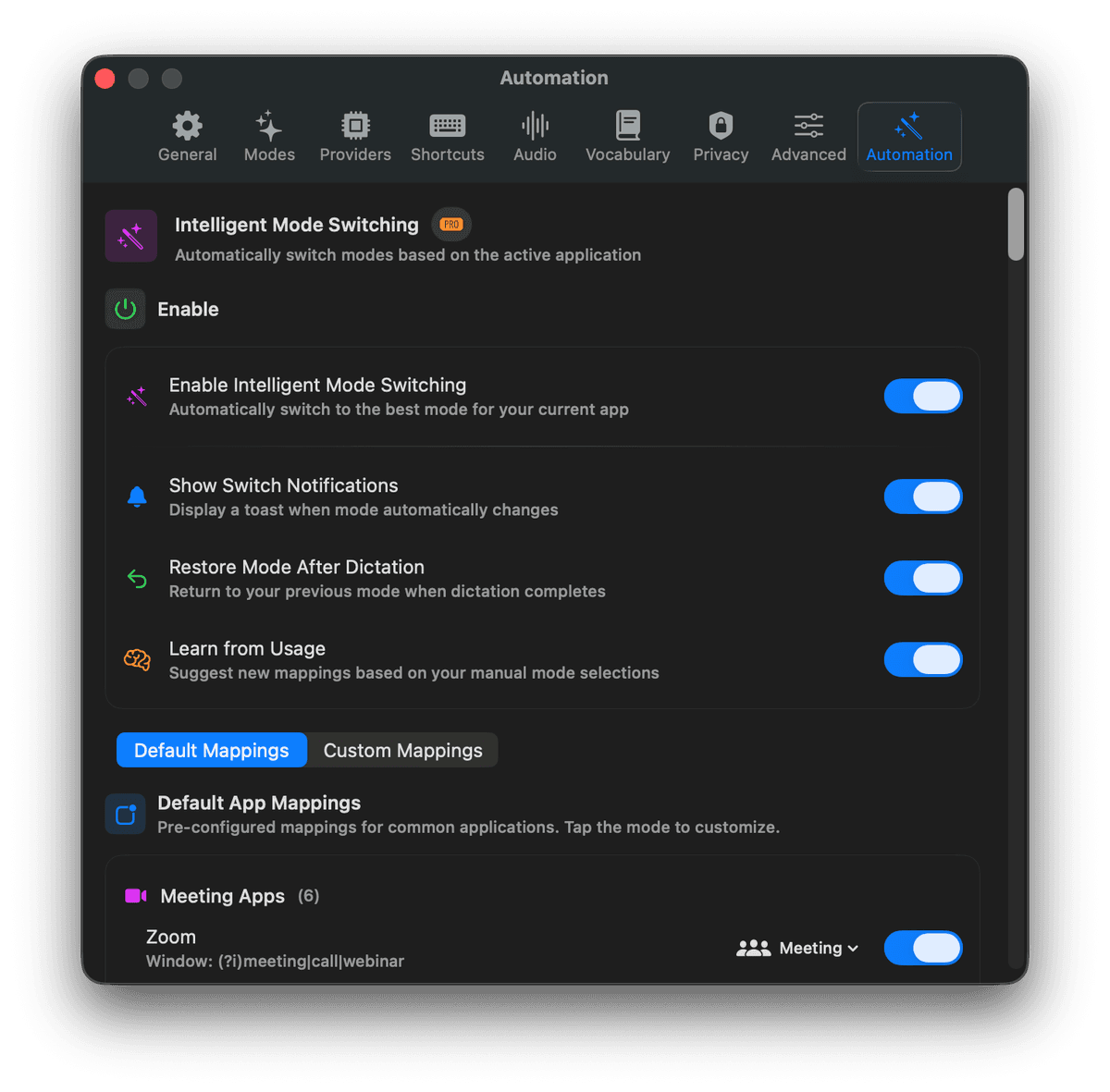 Intelligent Mode Switching Settings