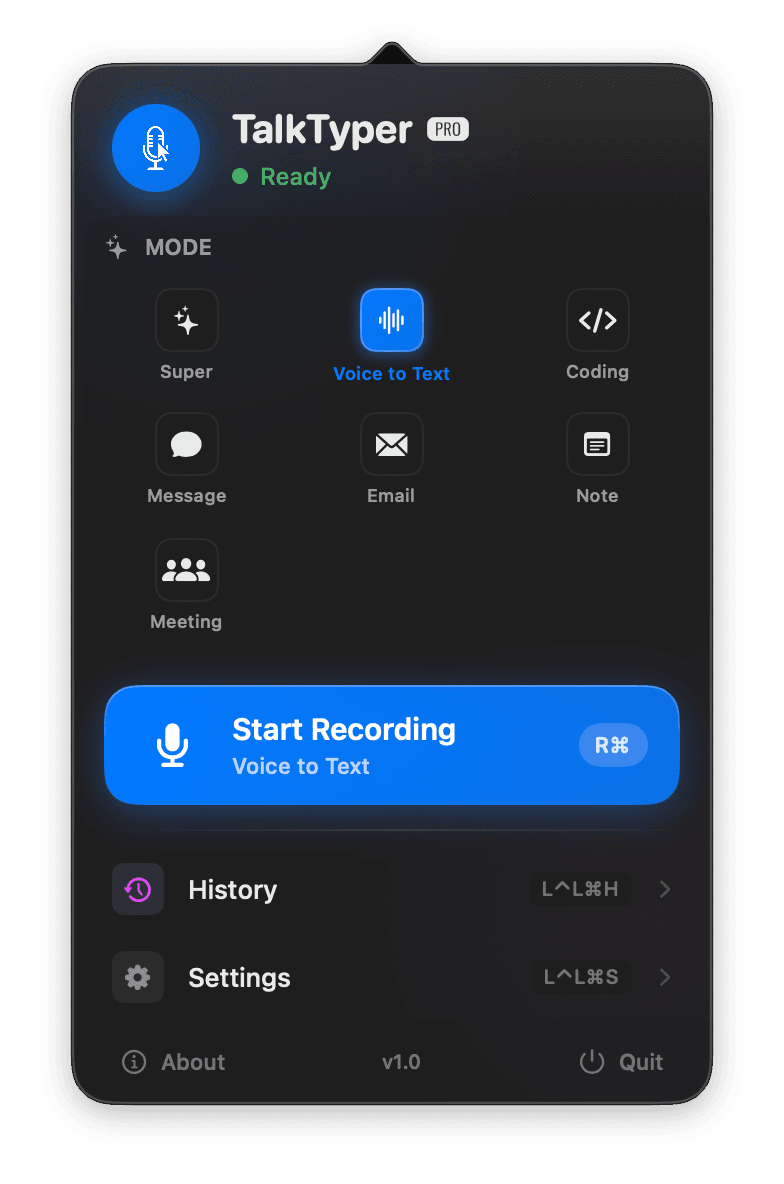 TalkTyper Main Menu Interface