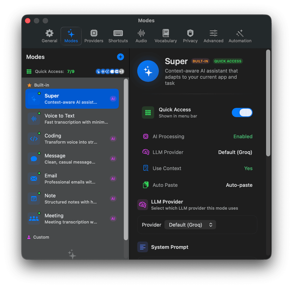 Custom Mode Settings