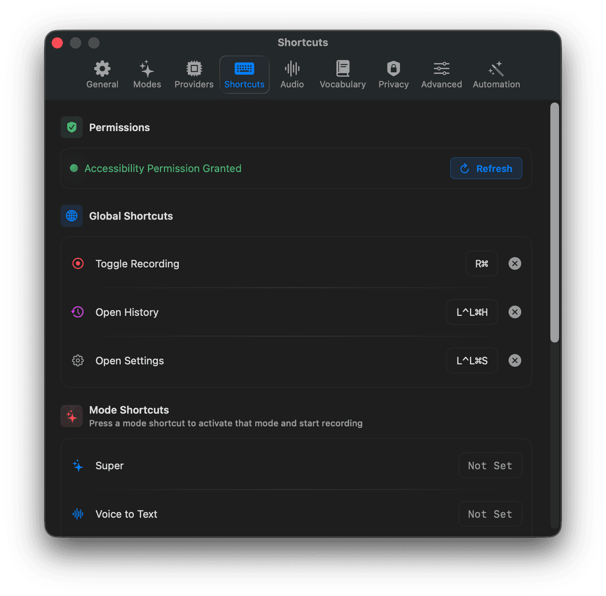 Keyboard Shortcuts Settings